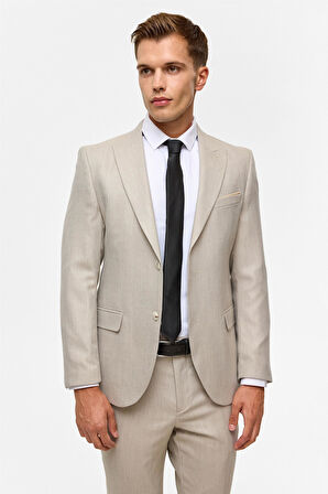 Bej Slim Desenli Sivri Yaka 6 Drop Takım Elbise