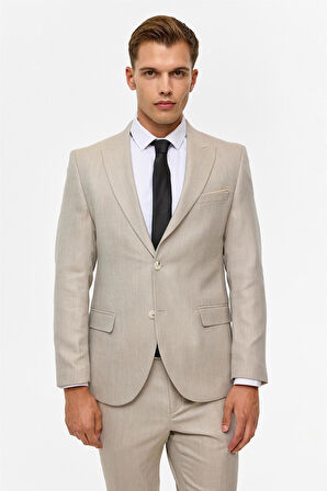 Bej Slim Desenli Sivri Yaka 6 Drop Takım Elbise