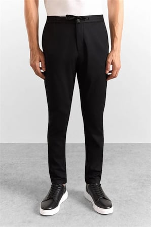 Siyah Slim Düz Twill Yarım Lastikli Jogger Pantolon