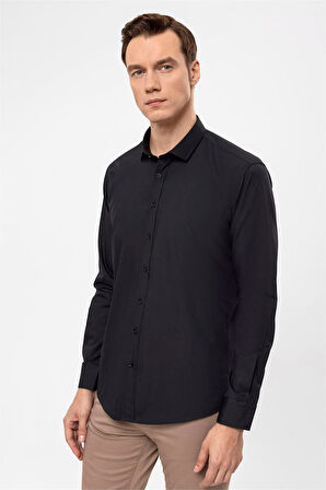Siyah Slim Düz Klasik Yaka Gömlek