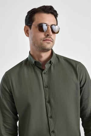 Koyu Yeşil Slim Düğmeli Yaka Düz Casual Gömlek