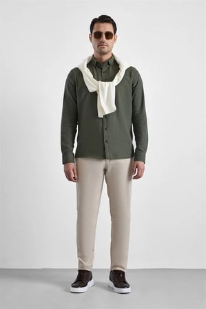 Koyu Yeşil Slim Düğmeli Yaka Düz Casual Gömlek