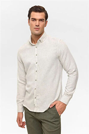 Gri Slim Düz Düğmeli Yaka Gömlek
