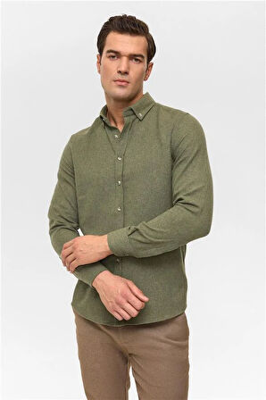 Haki Slim Düz Düğmeli Yaka Gömlek