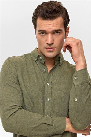 Haki Slim Düz Düğmeli Yaka Gömlek
