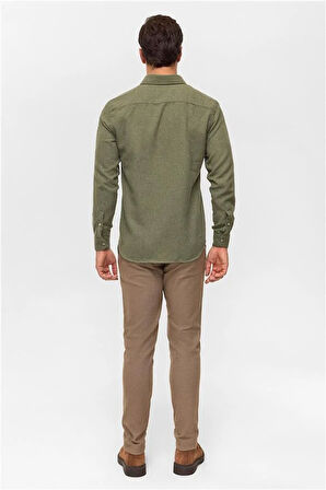 Haki Slim Düz Düğmeli Yaka Gömlek