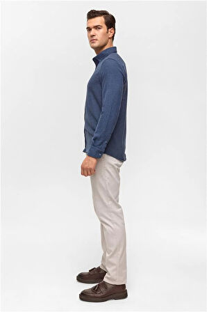 Lacivert Slim Düz Düğmeli Yaka Gömlek