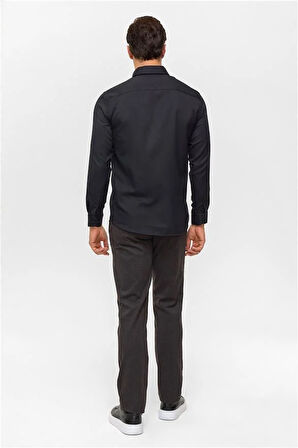 Siyah Slim Baskılı Düğmeli Yaka Gömlek