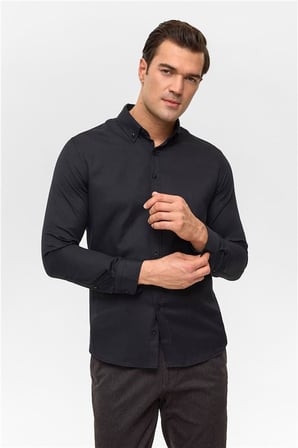 Siyah Slim Düğmeli Yaka Cepsiz Casual Gömlek
