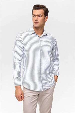 Lacivert Regular Çizgili Klasik Yaka Gömlek