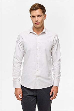 Ekru Slim Desenli Klasik Yaka Gömlek