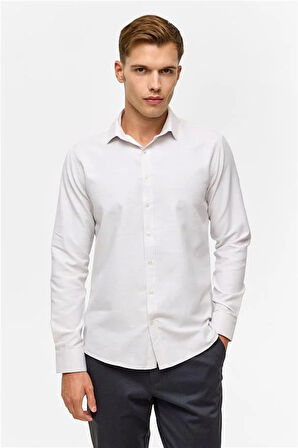 Ekru Slim Desenli Klasik Yaka Gömlek