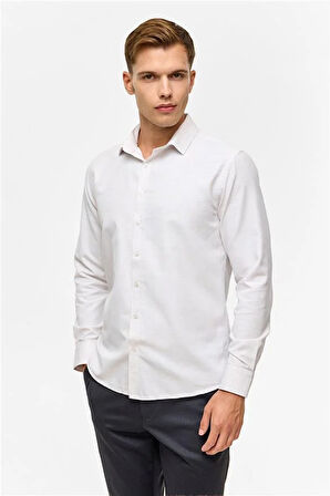 Ekru Slim Desenli Klasik Yaka Gömlek