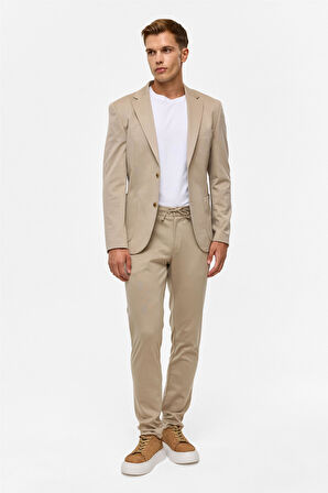 Bej Slim Düz Mono Yaka 6 Drop Takım Elbise