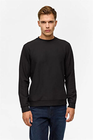 Siyah Regular Düz Bisiklet Yaka Sweatshirt
