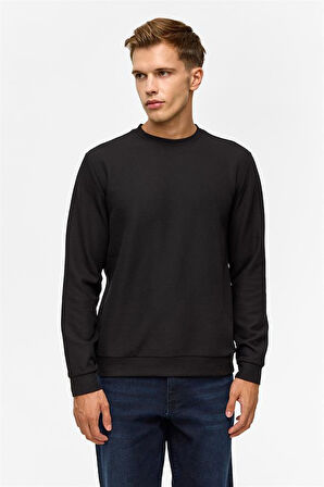 Siyah Regular Düz Bisiklet Yaka Sweatshirt