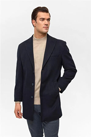 Lacivert Slim Düz Sivri Yaka Kaban