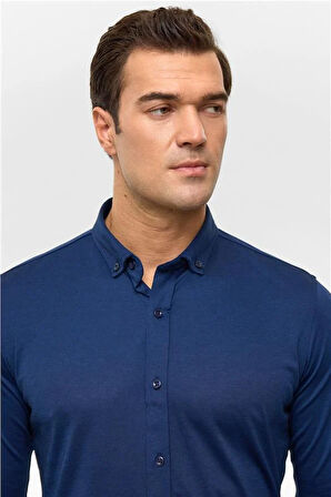 Slim Armürlü Düğmeli Yaka Gömlek