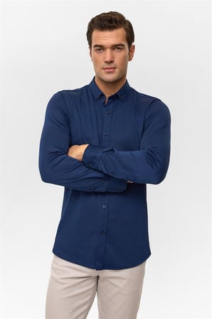 Lacivert Slim Düğmeli Yaka Manşetli Casual Gömlek