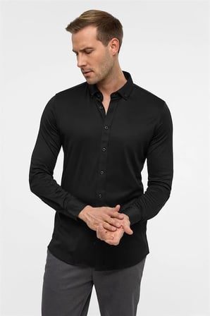 Siyah Slim Düğmeli Yaka Manşetli Casual Gömlek