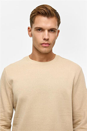 Bej Regular Düz Bisiklet Yaka Sweatshirt