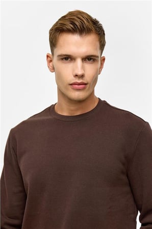 Koyu Kahve Regular Düz Bisiklet Yaka Sweatshirt