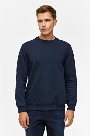 Lacivert Regular Düz Bisiklet Yaka Sweatshirt