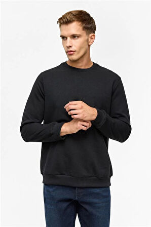 Siyah Regular Düz Bisiklet Yaka Sweatshirt