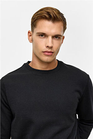 Siyah Regular Düz Bisiklet Yaka Sweatshirt