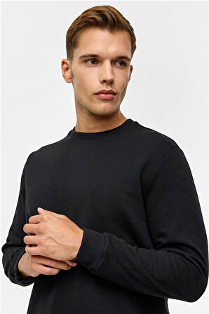 Siyah Regular Düz Bisiklet Yaka Sweatshirt