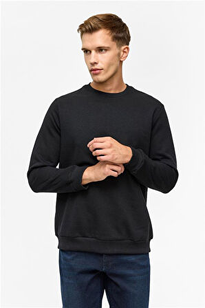 Siyah Regular Düz Bisiklet Yaka Sweatshirt
