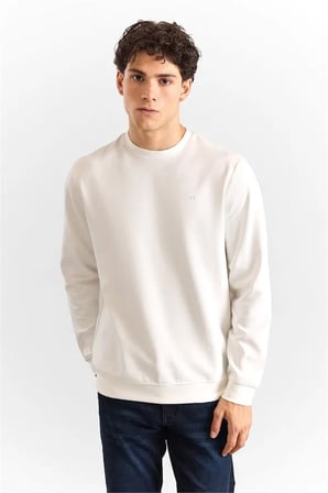 Beyaz Regular Düz Baskılı Düz Bisiklet Yaka Cepsiz Ribanalı Sweatshirt