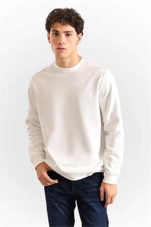 Beyaz Regular Düz Baskılı Düz Bisiklet Yaka Cepsiz Ribanalı Sweatshirt