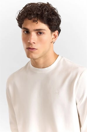 Beyaz Regular Düz Baskılı Düz Bisiklet Yaka Cepsiz Ribanalı Sweatshirt
