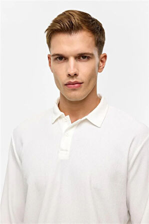 Beyaz Regular Düz Polo Yaka Sweatshirt