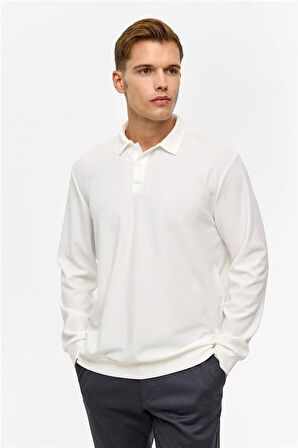 Beyaz Regular Düz Polo Yaka Sweatshirt