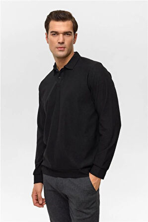 Siyah Regular Düz Polo Yaka Sweatshirt