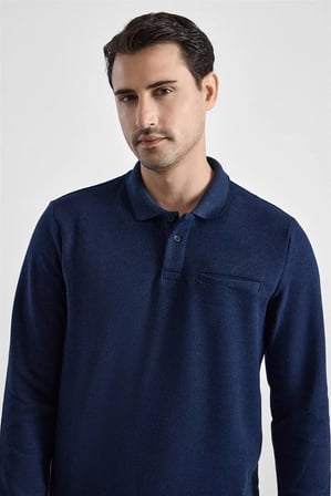 Lacivert Regular Düz Baskısız Selanik Düğmeli Polo Yaka Torba Cep Trikolu Standart Sweatshirt