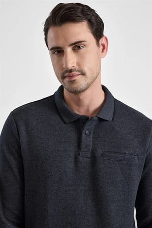 Antrasit Regular Düz Baskısız Selanik Düğmeli Polo Yaka Torba Cep Trikolu Standart Sweatshirt