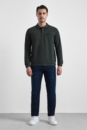 Haki Regular Düz Baskısız Selanik Düğmeli Polo Yaka Torba Cep Trikolu Standart Sweatshirt