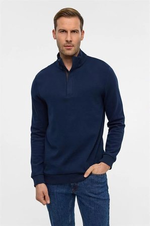 Lacivert Regular Düz Fermuarlı Polo Yaka Sweatshirt