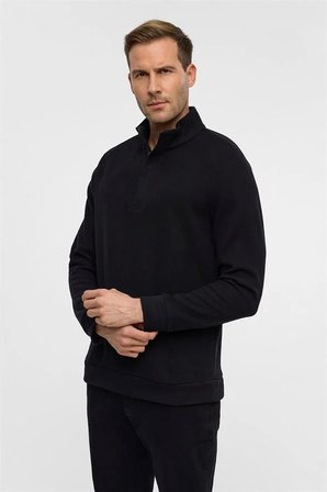 Siyah Regular Düz Fermuarlı Polo Yaka Sweatshirt