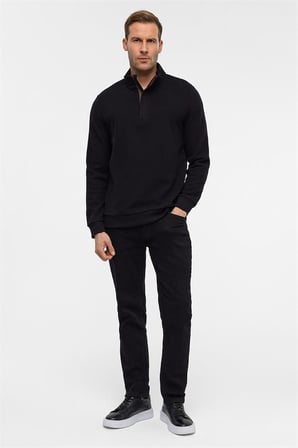Siyah Regular Düz Fermuarlı Polo Yaka Sweatshirt