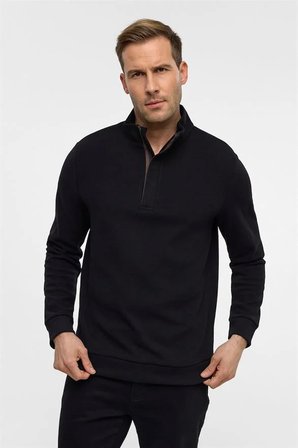 Siyah Regular Düz Fermuarlı Polo Yaka Sweatshirt