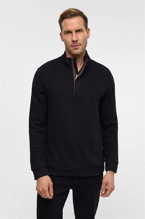Siyah Regular Düz Fermuarlı Polo Yaka Sweatshirt