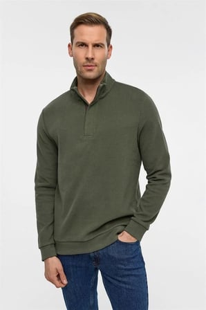 Haki Regular Düz Fermuarlı Polo Yaka Sweatshirt
