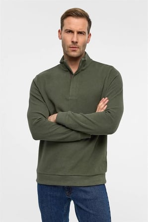 Haki Regular Düz Fermuarlı Polo Yaka Sweatshirt