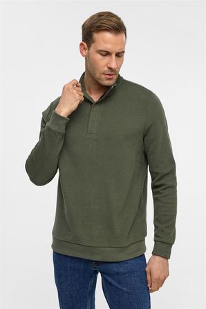 Haki Regular Düz Fermuarlı Polo Yaka Sweatshirt