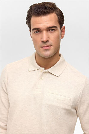 Bej Regular Armürlü Polo Yaka Sweatshirt