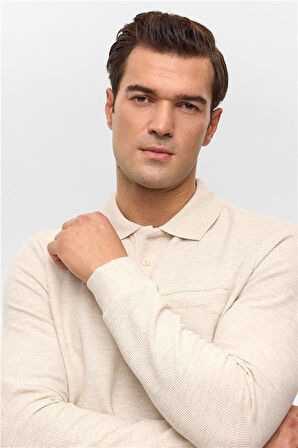 Bej Regular Armürlü Polo Yaka Sweatshirt